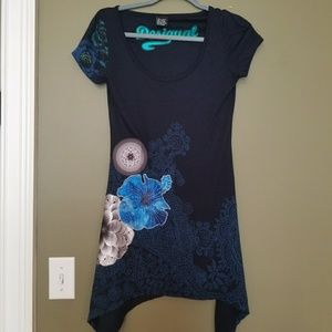 DESIGUAL BLUE VISCOSE / COTTON FLORAL BLOUSE SMALL